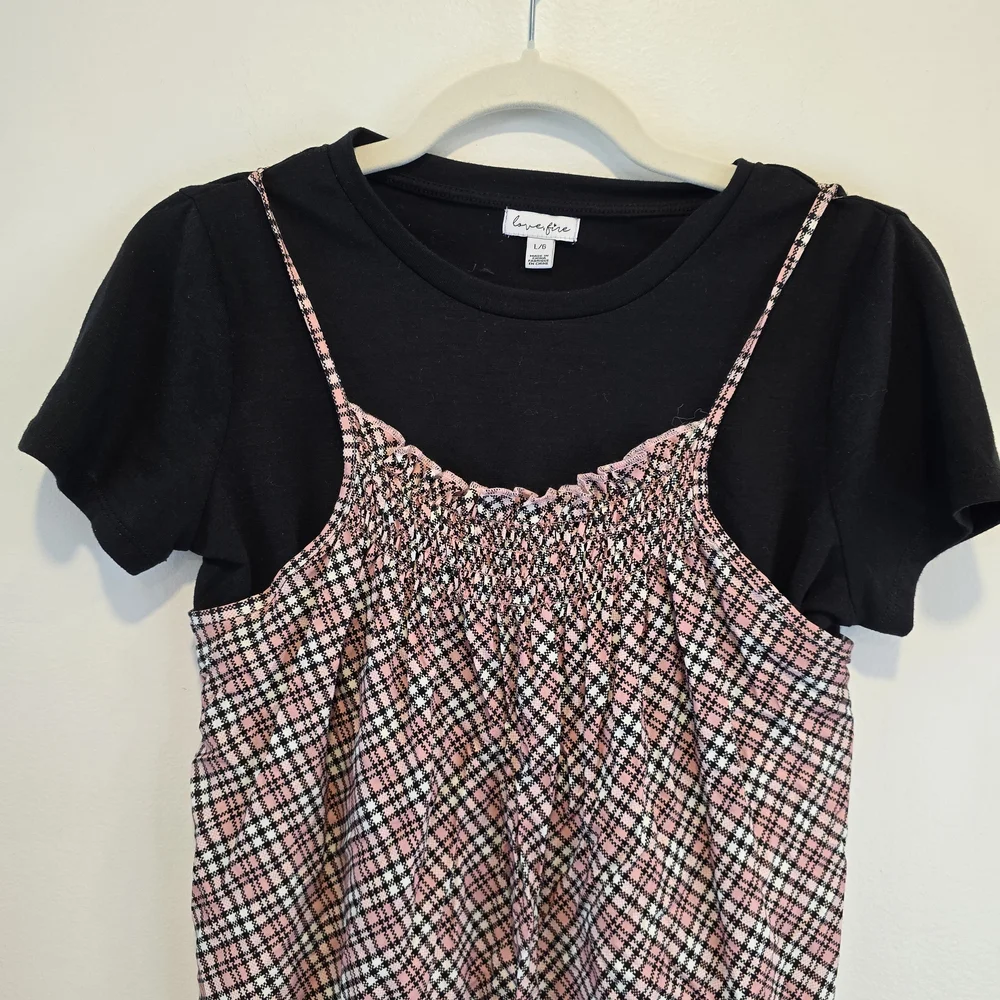 Love, Fire Black T-Shirt Plaid Dress Size Large Nwt